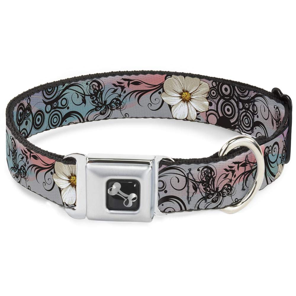 Buckle-Down Seatbelt Buckle Dog Collar - Flowers W/Filigree Pink - 1' Wide - Fits 15-26' Neck - Large