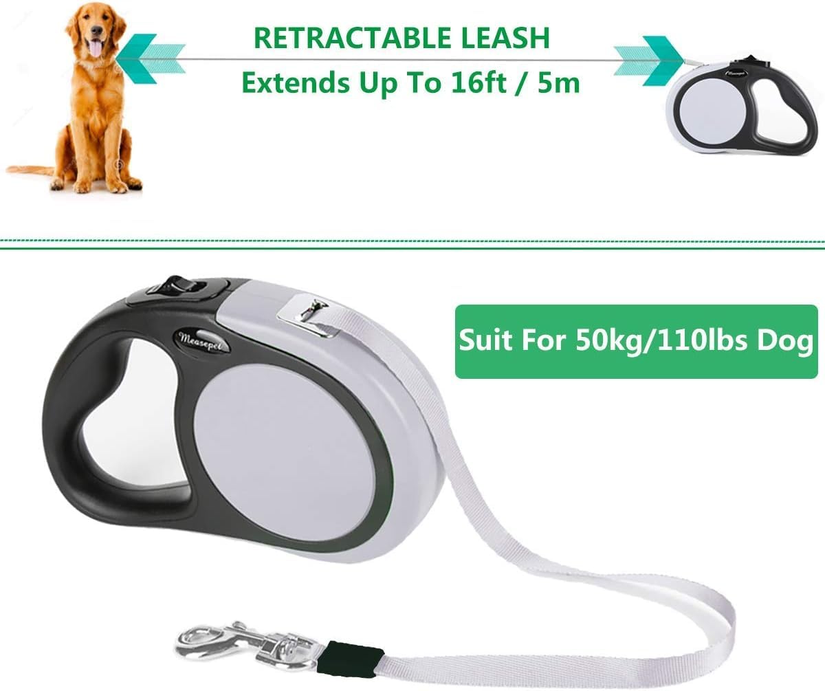 Dual Retractable Dog Leash for 2 Large Dogs (Up to 110 Lbs Each) - Double Headed 16 ft Extendable Pet Leash with Poop Bags, Non