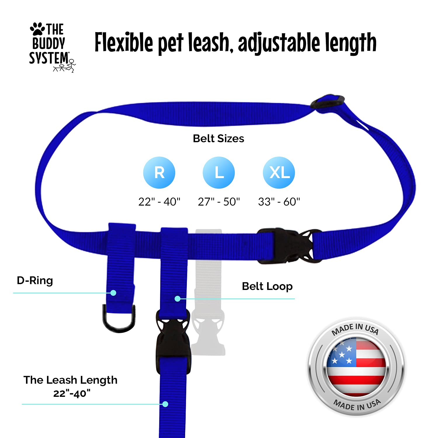 The Buddy System Hands Free Dog Leash, Adjustable Leash For Running, Jogging, Training And Service Dogs, Great For Small, Medium And Large Dogs, Made In Usa (Royal Blue, X-Large Belt (33'- 60' Waist))