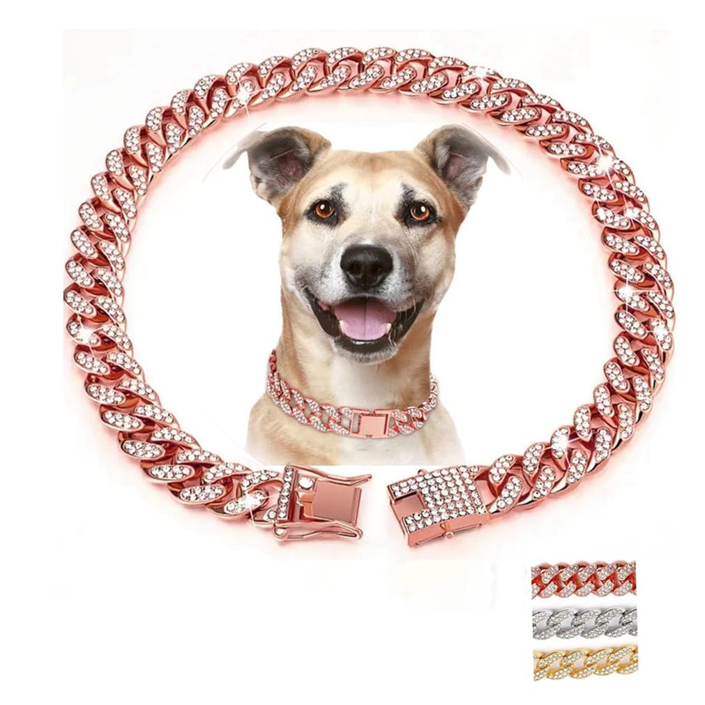 Rose Gold Dog Necklace Collar,Dog Chain Collars,Cuban Link Dog Collar, Diamond Necklace Metal Bling Choke, 13Mm Wide Pet Jewelry