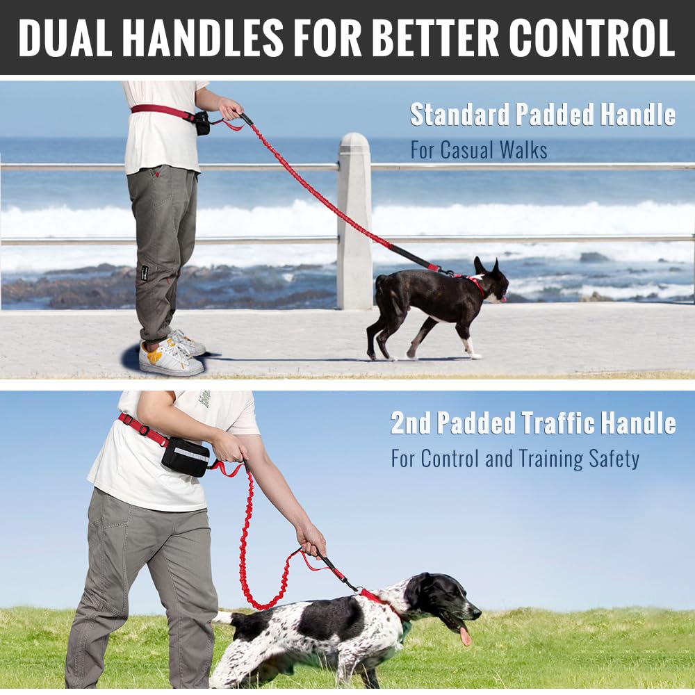 Plutus Pet Hands Free Dual Handle Retractable Bungee Leash With Reflective Stitches, Adjustable Waist Leash For Dog Walking Runn