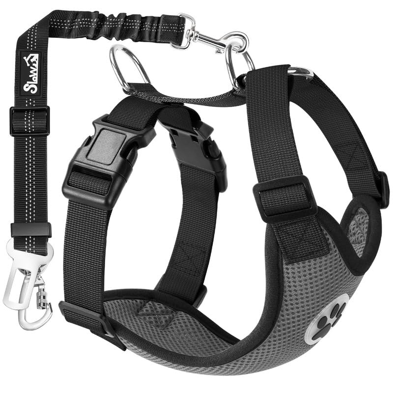 Slowton Dog Seat Belt Harness For Car, Dog Car Harness Adjustable Mesh Breathable & Dog Seatbelt Safety Tether With Elastic Bungee For Small Medium Large Pets(Grey, Double Clip, M)