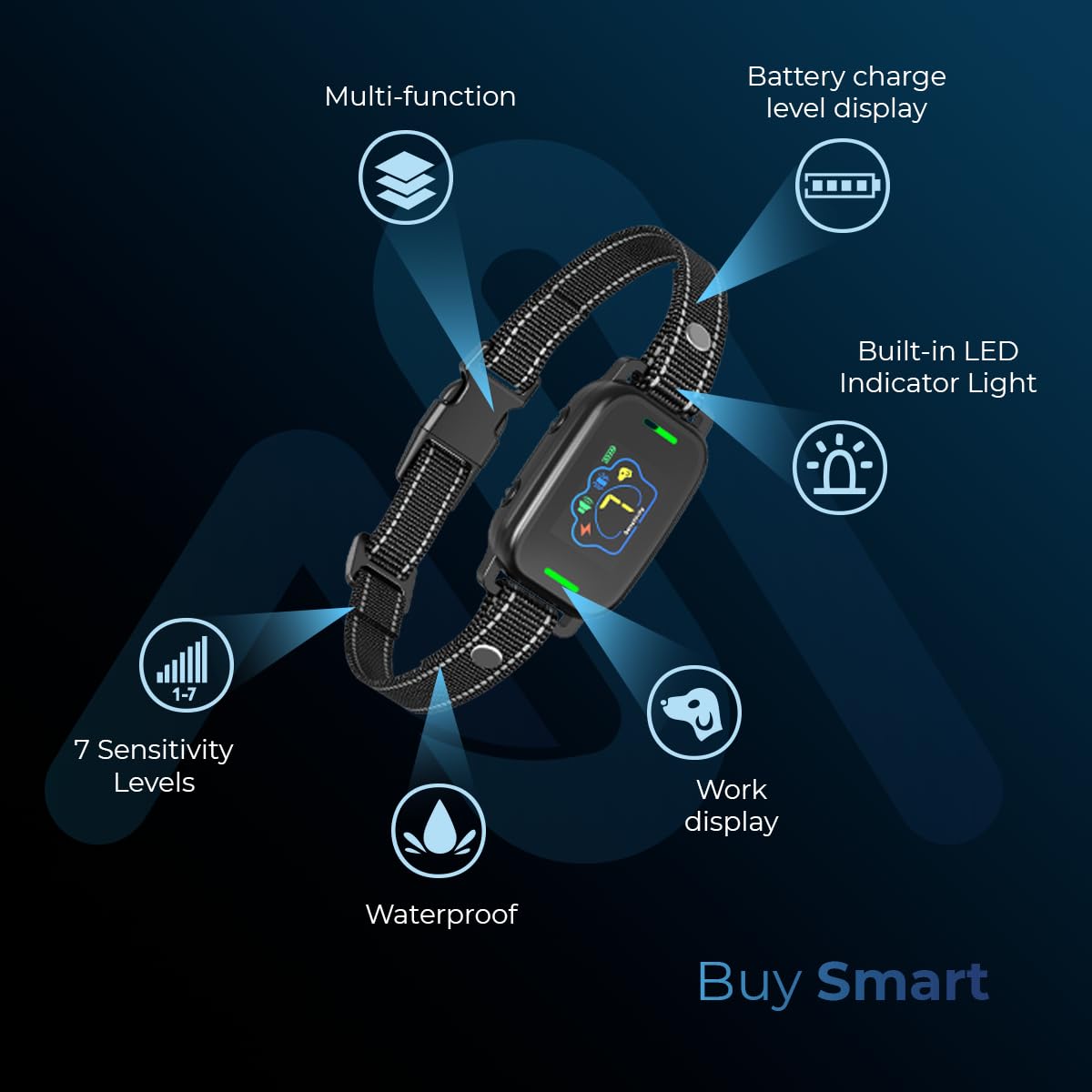 Autosky Pets Smart Anti-Barking Collar - Training Collar With 5 Adjustable Sensitivity Beep Vibration Shock, Bark Collar For Lar