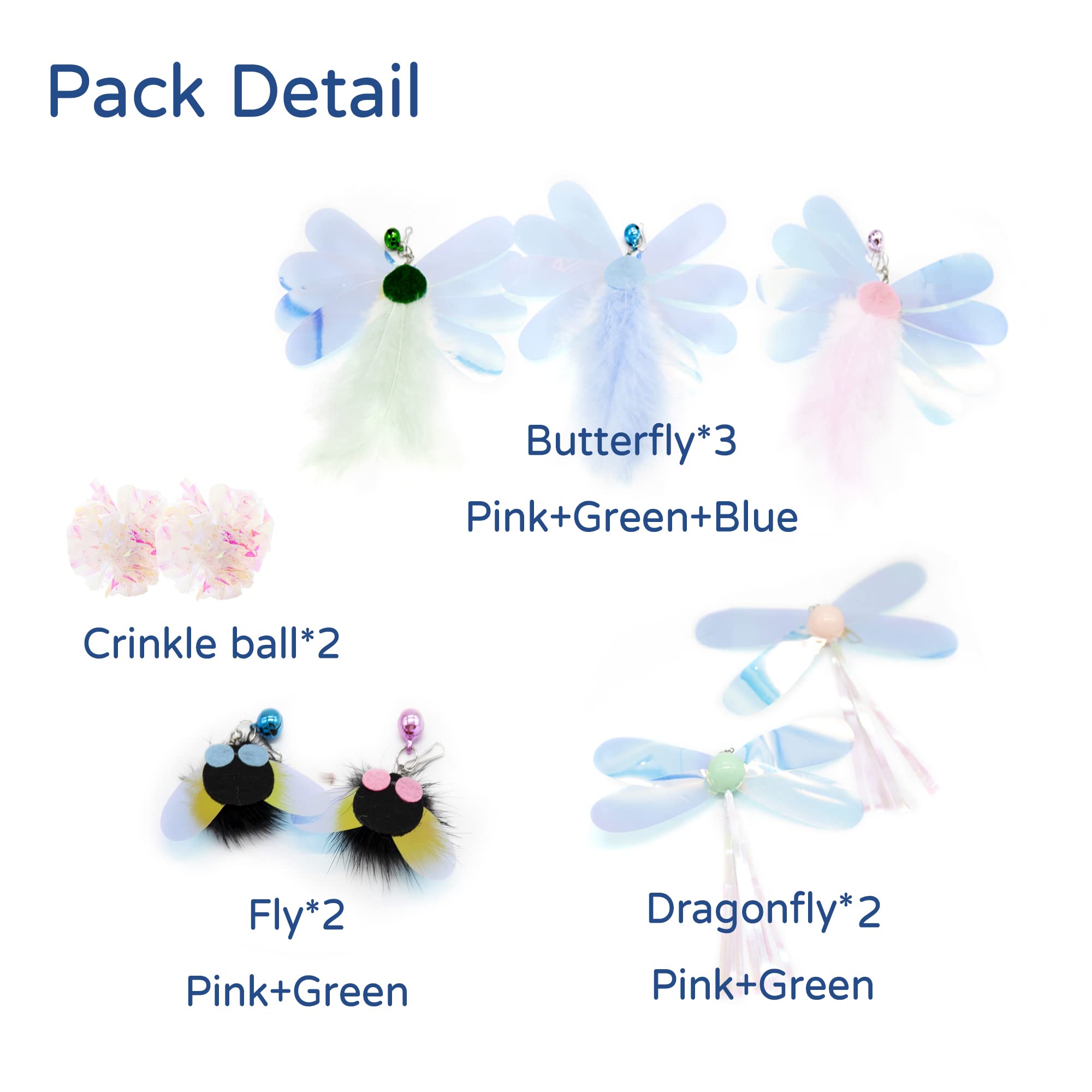 Mooipur Cat Toy, Shiny Insect Refills For Cat Wand Toy, 9Pcs Replacements With Bells For Cat Fishing Pole Toy, Interactive Cat T