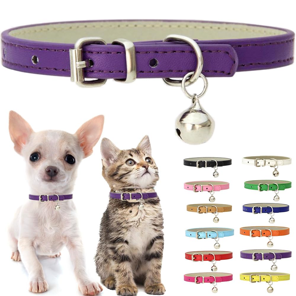 Purple Kitten Collar with Bell, Soft Pu Leather Small Dog Collars Adjustable Buckle for XXS XS Extra Small Medium Tiny Female Ma