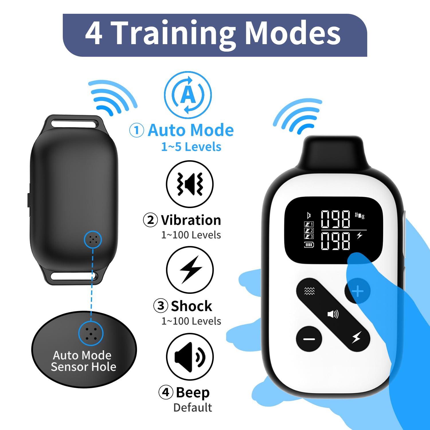 Petjoy Bark Collar With Remote, Bark And Training Collar Combo, Shock Collar For Large Dogs, Auto Bark Collar - Shock, Vibration