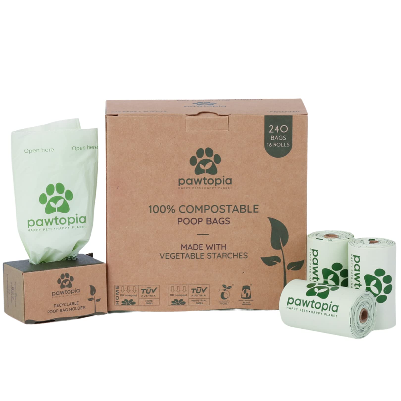 Pawtria Certified Home Compostable Dog Poop Bags (240 Bags + Kraft Paper Dispenser), Biodegradable Poop Bags, Cat Litter, Vegeta