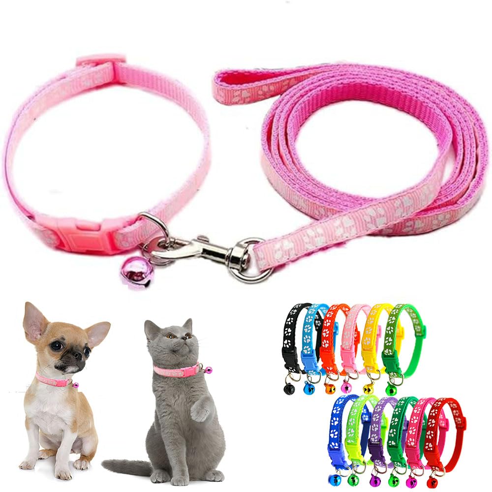 Pink Xs Dog Collar With Bell Leash Set, Nylon Basic Reflective Puppy Collars Paw Print For Xxs Xs Small Cat Pet Animal Litter Ti