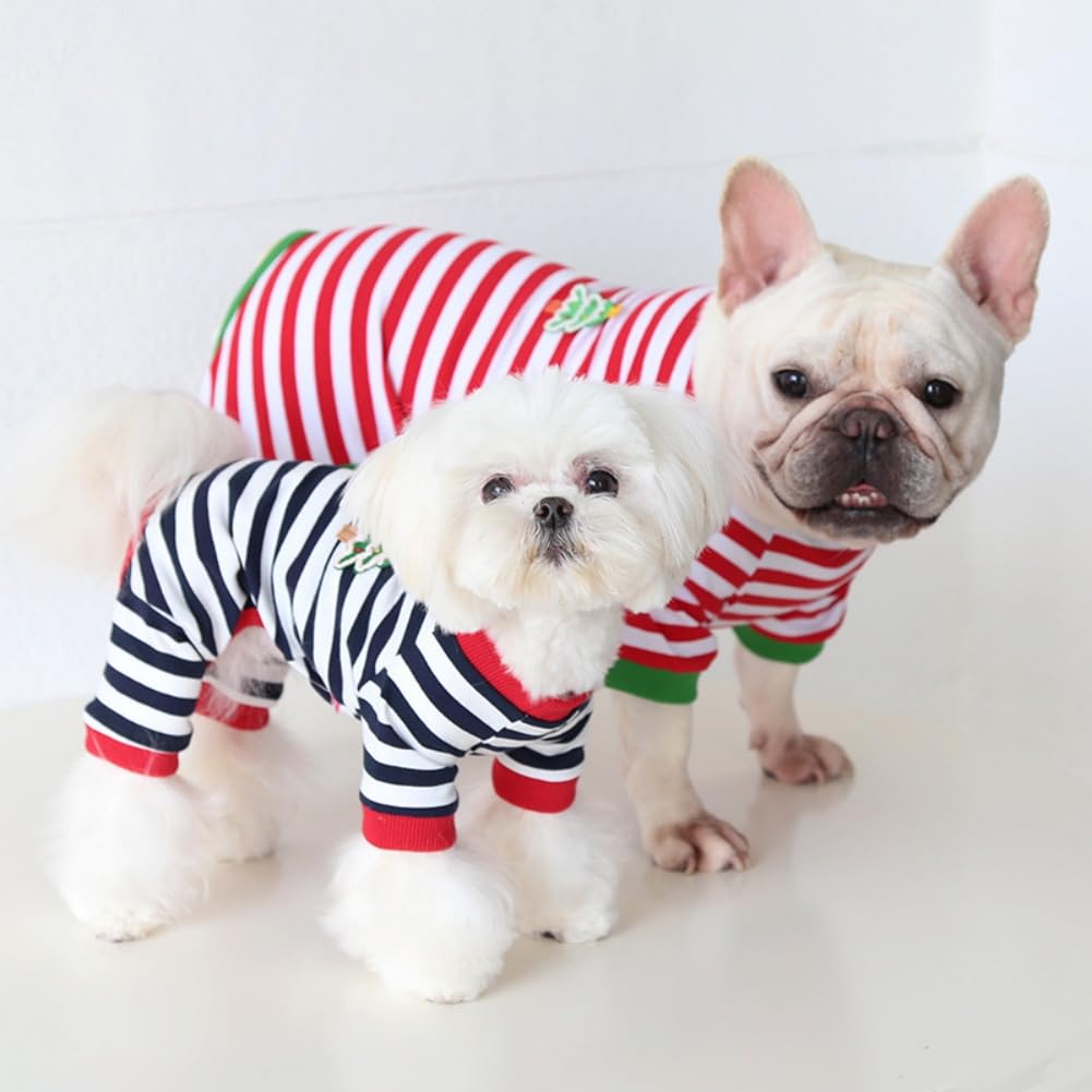 Hdwk&Hped Soft Cotton Dog Pajamas For All Seasons, Striped Solid Pet Bottoming Jumpsuit For Small Dog Cat Puppy 3 Styles (Christ