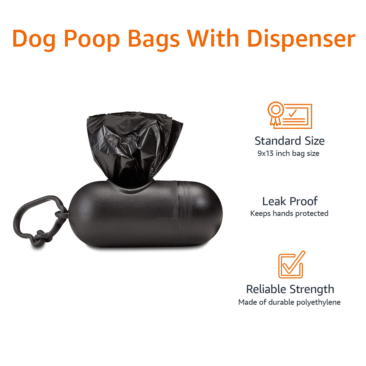 Amazon Basics Leak Proof Dog Poop Bags with Dispenser & Leash Clip, Unscented, 900 Count (60 Packs of 15), Black, 13 x 9 Inch