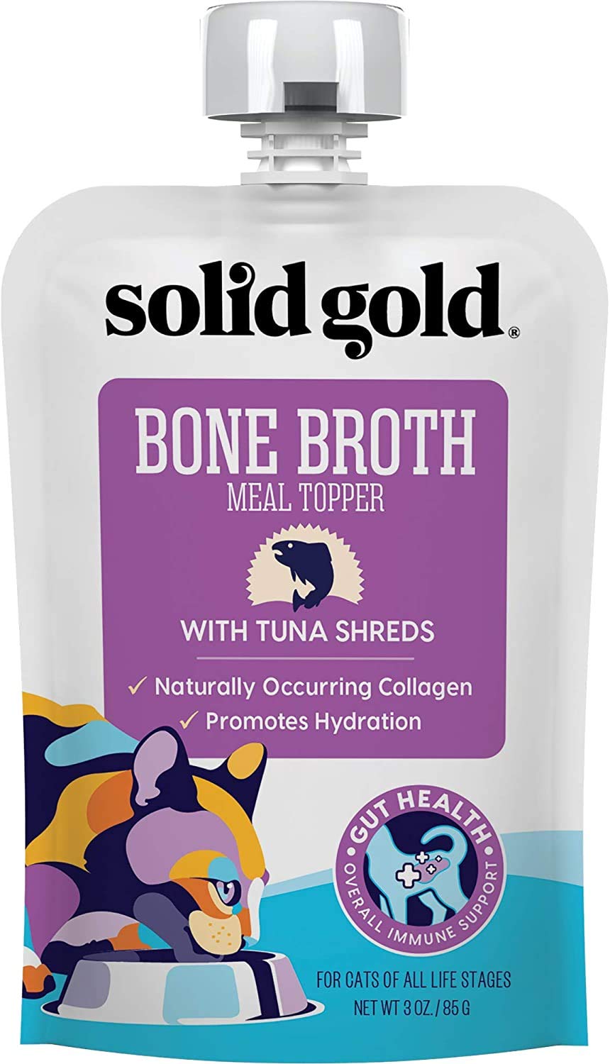 Solid Gold Bone Broth Cat Food Topper - Lickable Wet Food with Protein Shreds for Hydration - Easy to Serve Gravy Bone Broth for