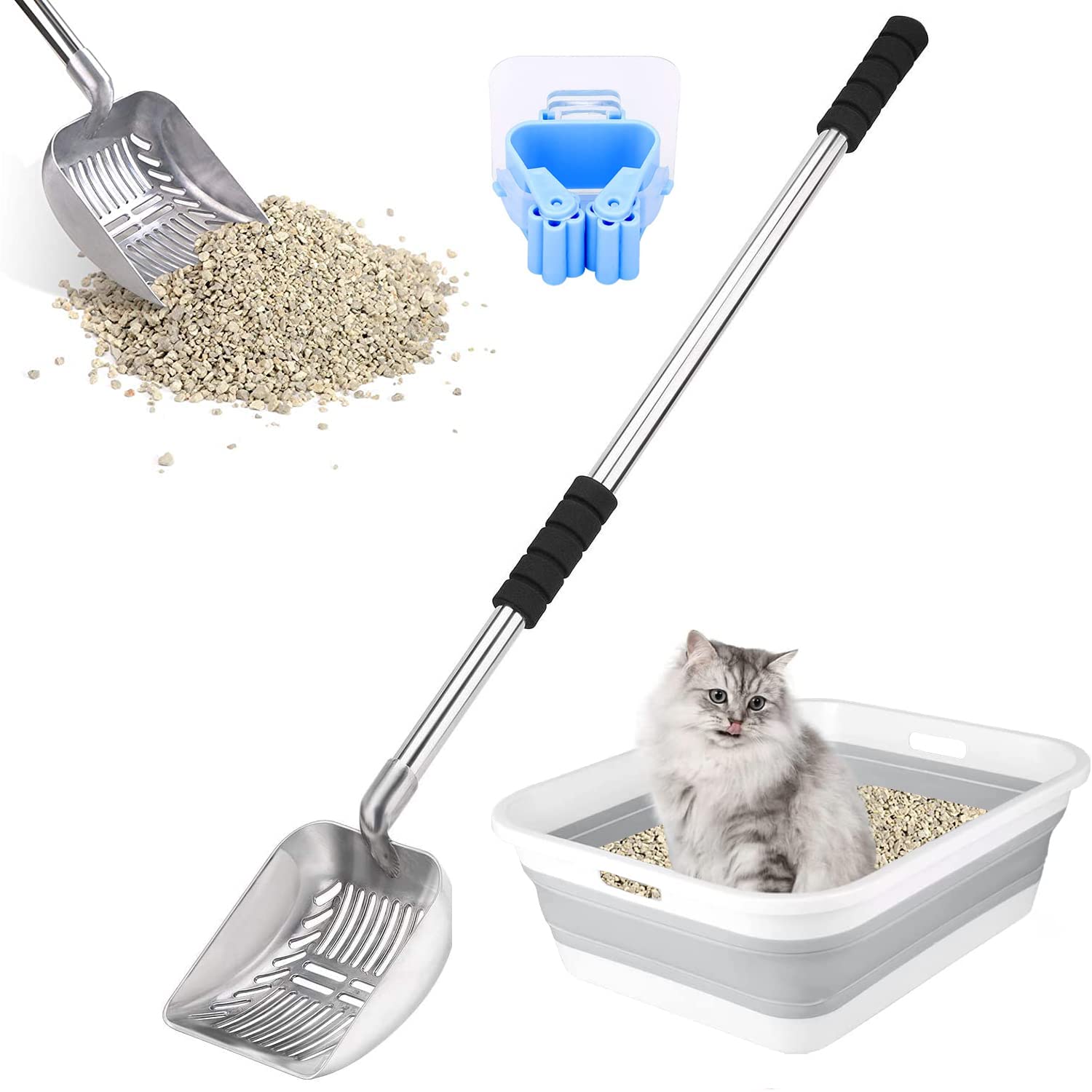 Cat Litter Scoop, Metal Long Handle Litter Scooper With Holder, Stainless Steel Detachable Litter Scoop With Foam Pad Grip, No B