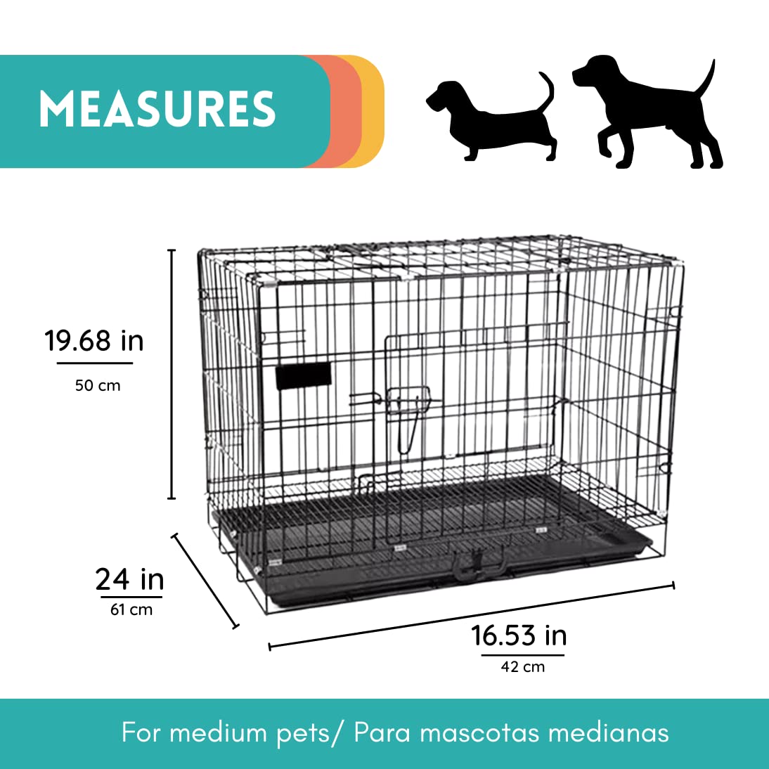 Polipets Steel Pets Cage, 19'X24'X16' Medium Size, For Pets, Heavy Duty Lightweighy Steel Material, Two Doors, With Removable Tray And Easy To Transport, Black