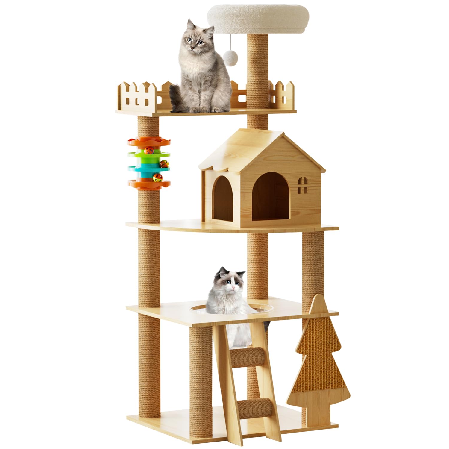 Elegaif Cat Tree, Wood Cat Tree Tower For Indoor Cats, 60.7' Modern Cat Tower With Sisal-Covered Scratching Posts And Top Perch