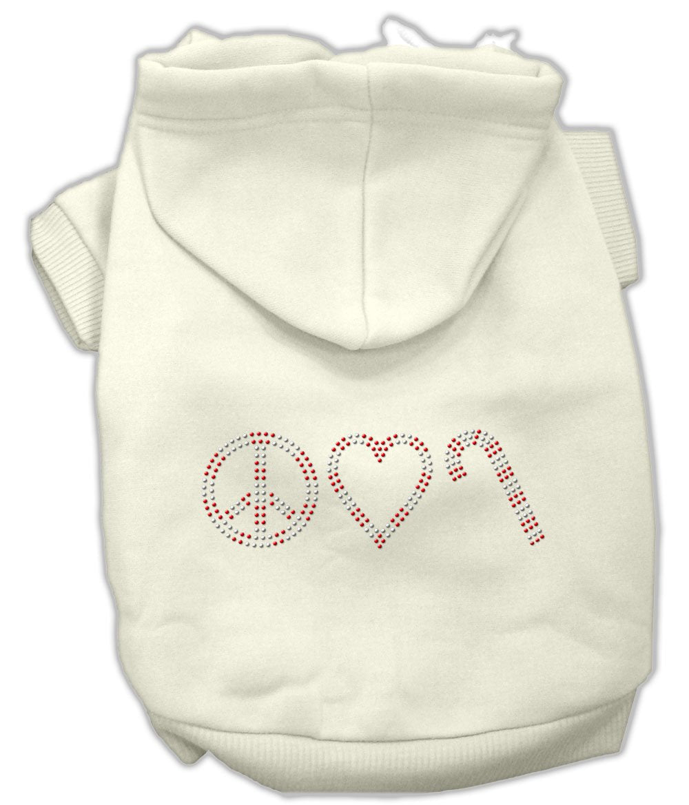 Christmas Pet Dog & Cat Hoodie Rhinestone, &quot;Peace, Love and Candy Canes&quot; Cream XS (0-3 lbs.)