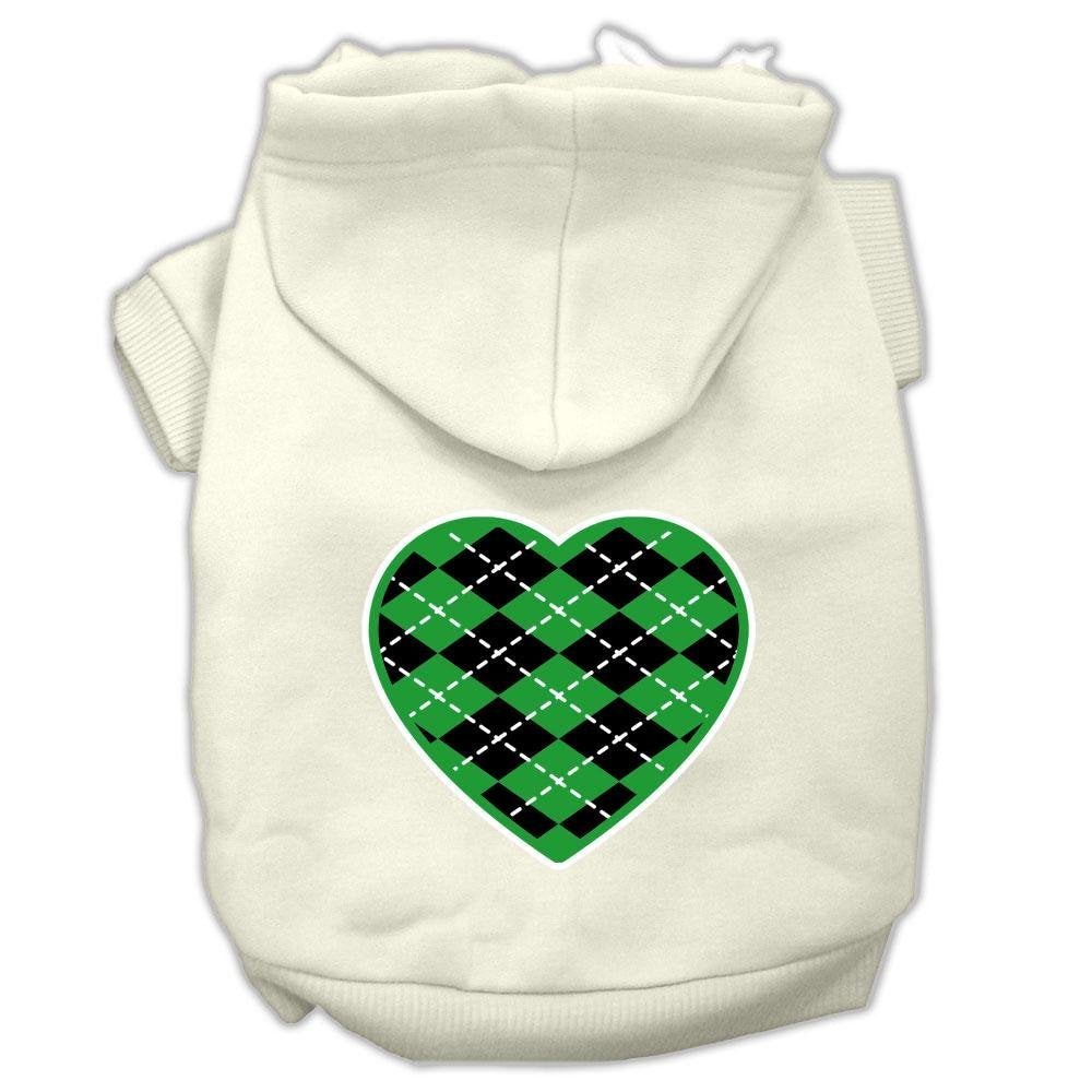 Pet Dog & Cat Hoodie Screen Printed, 'Green Argyle Heart' Cream Lg (10-14 Lbs.)