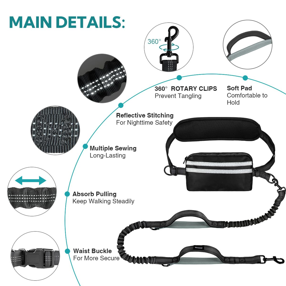 Yicostar Hands-Free Dog Leash with Pouch, Retractable Bungee, Double Padded Handles, Black/Grey, for Medium & Large Dogs