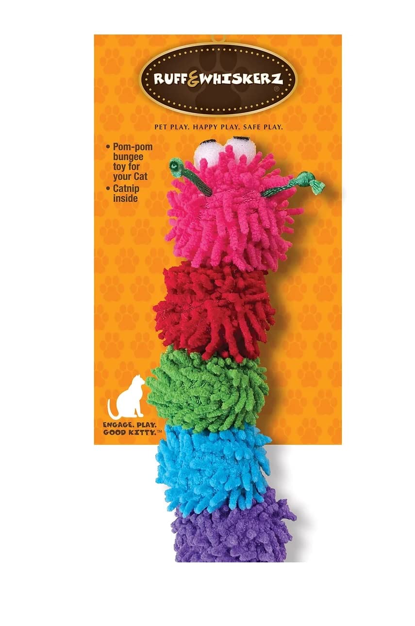 KTR Group Pom Pom Caterpillar Cat Toy Nubby Plush On Stretchy Rope with Catnip