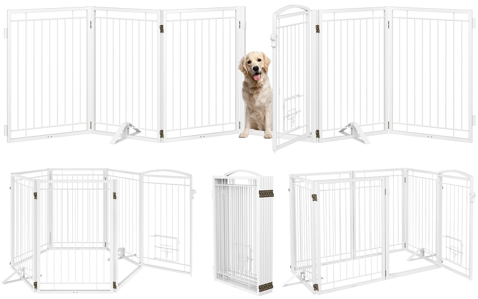 Metal Freestanding Dog Gate with Cat Door for Indoor&Outdoor,120 Extra Wide Foldable Pet Gate,32 Tall Foldable Indoor Dog Fence 