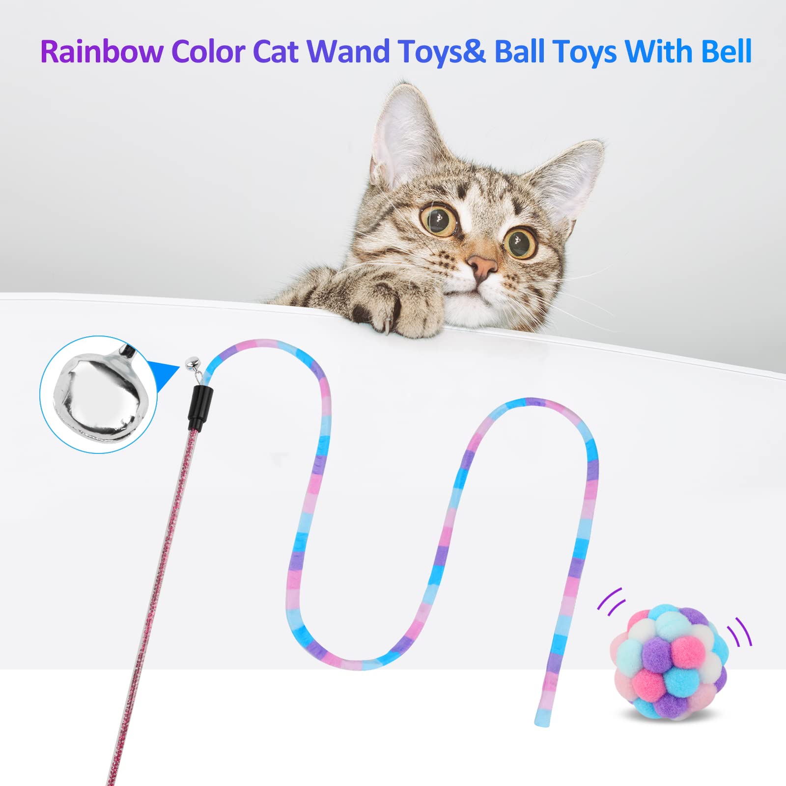 Tusatiy Cat Toys 3Pack, Cat Wand Toy Cat Fuzzy Balls With Bells &Cat Springs, Rainbow Color Interactive Cat Toys For Indoor Cats Kittens (Rainbow-Purple)