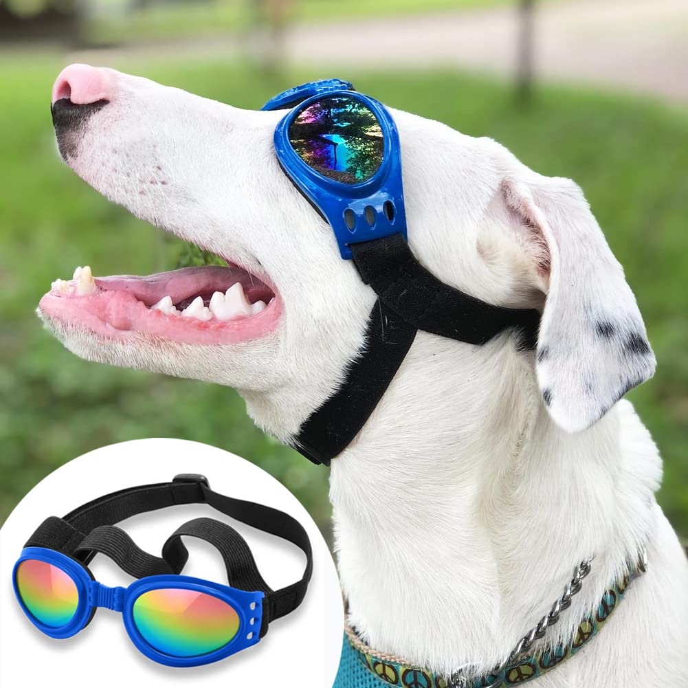 Qumy Dog Sunglasses Dog Goggles For Medium Large Breed Dogs, Wind Dust Fog Protection Eye Wear Pet Glasses With Adjustable Strap For Motorcycle Car Driving Bike Riding Hiking Swimming Over 15Lbs Blue
