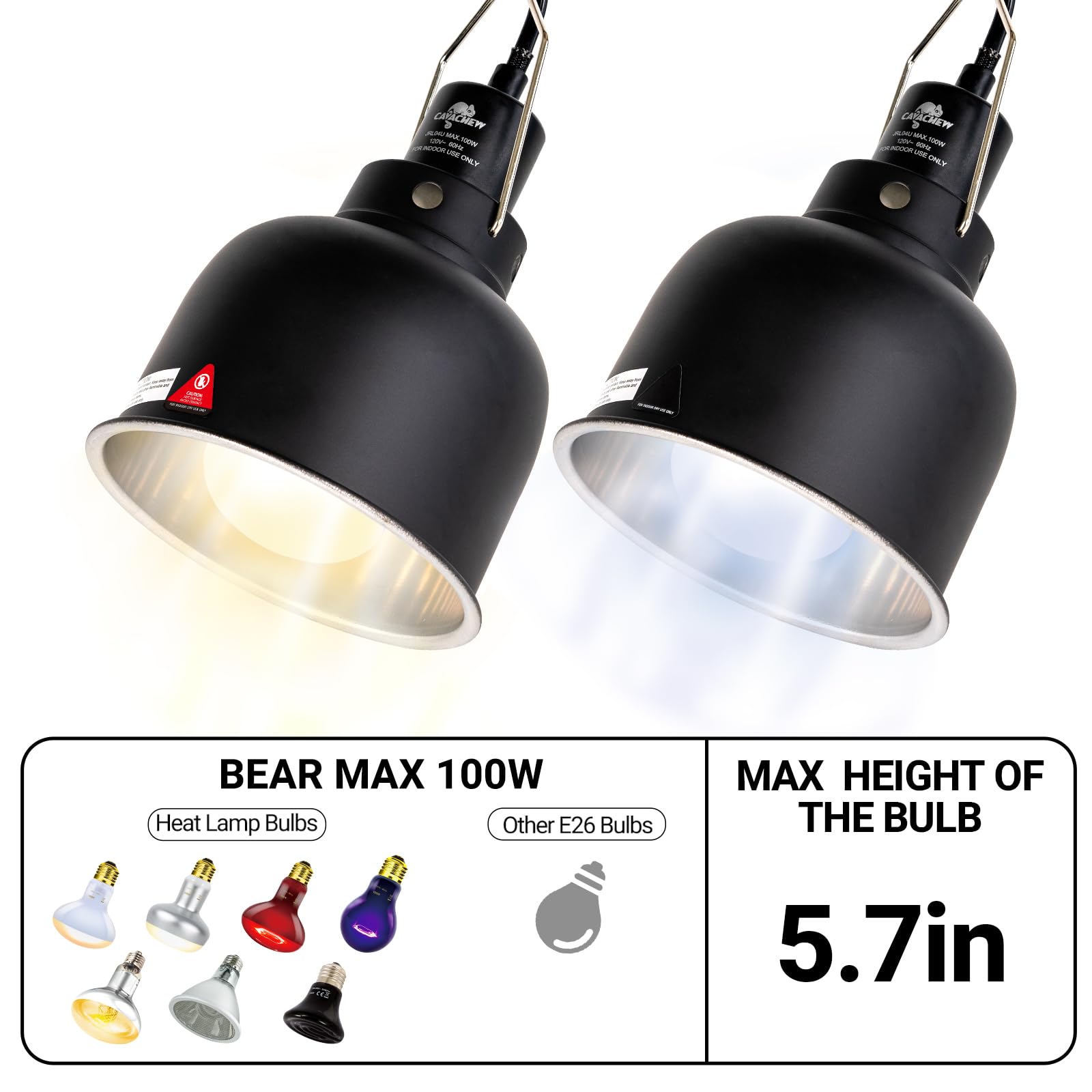 CAVACHEW 2 Pack Reptile Light Fixture, 5.5in Deep Dome Reptile Lamp Fixture, Optical Reflection Cover, Separate Switche & Hook,