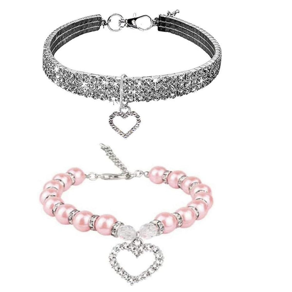 Woyous Rhinestones Dog Collar And Pearl Dog Necklace Set, Adjustable Neck Strap Bling Full Diamond Crystal Cute Pearl Dog Collar For Small Girls Cats Puppy Accessary For Wedding Birthday Party (L)