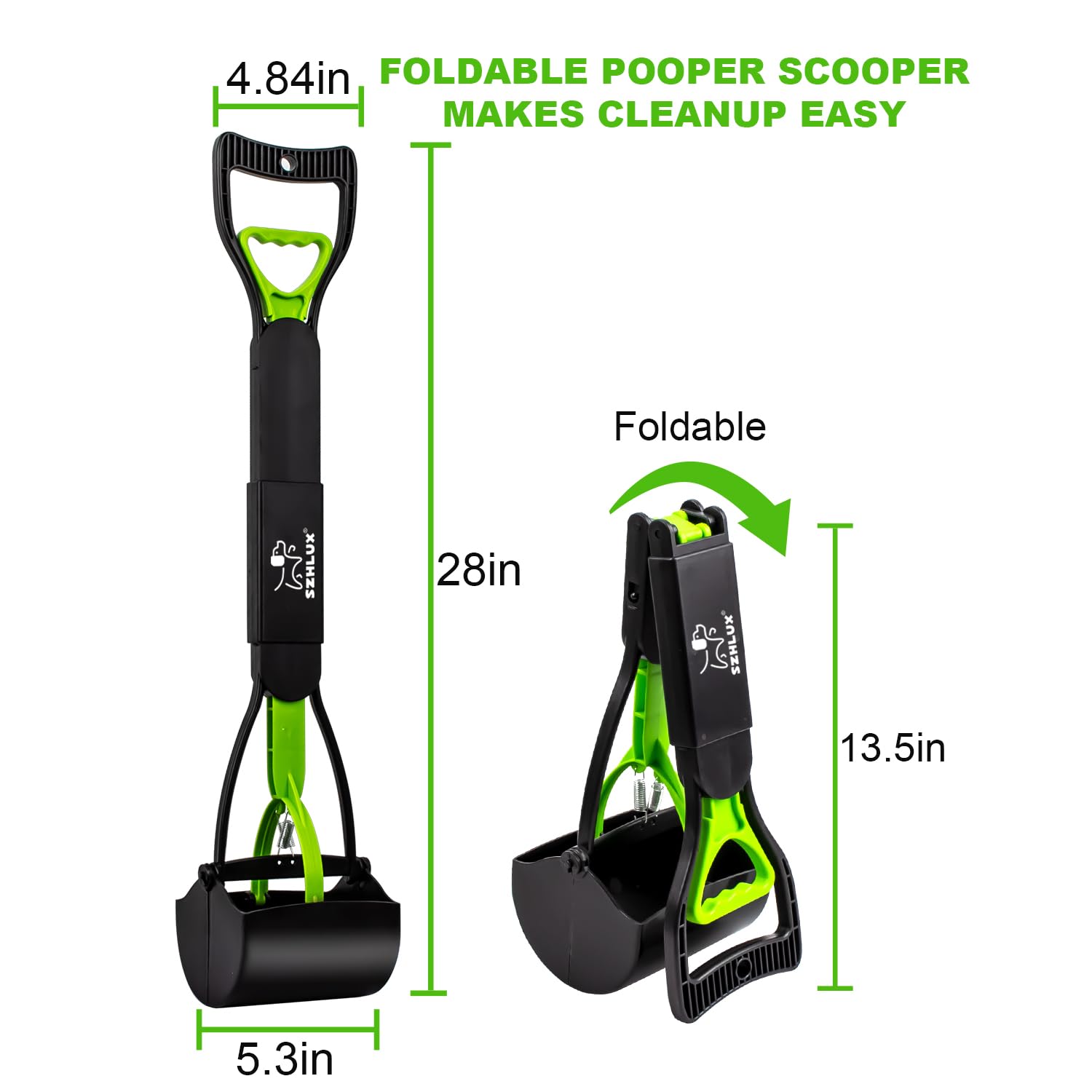 Szhlux 28' Pooper Scooper, Foldable Dog Pooper Scooper With Unbreakable Material And Durable Spring For Grass And Gravel, Green