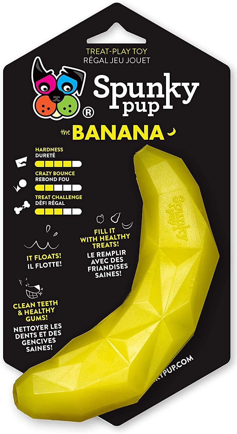 Spunky Pup Banana Treat Dog Toy | Fill With Healthy Treats For A Challenge | Promote Healthy Teeth And Gums | Non-Toxic Dishwasher Safe | Crazy Bounce Shape | Floats | For Small Dogs