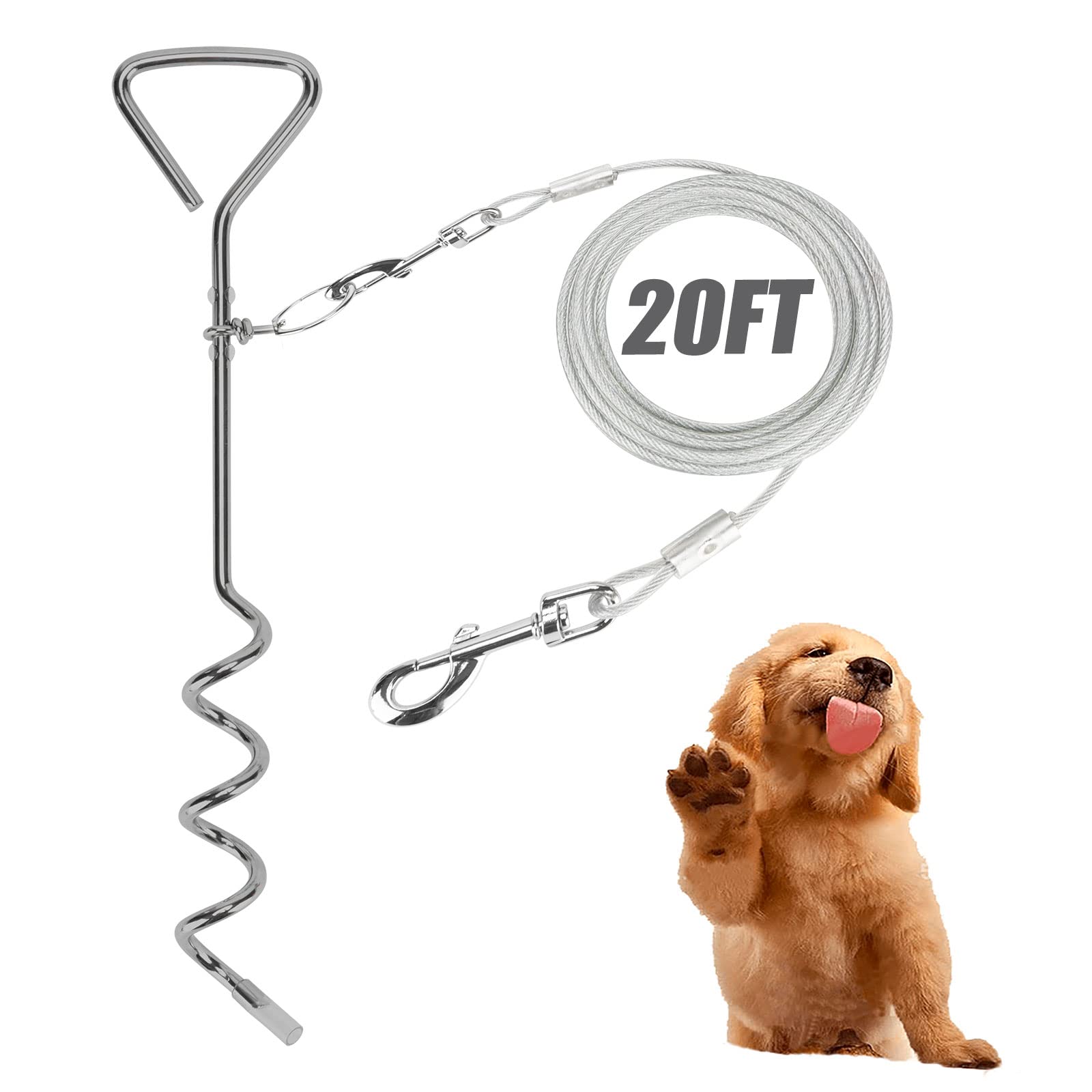 Darkyazi Dog Stake Tie Out Cable and Reflective Stake 16 ft Outdoor, Yard and Camping, for Medium to Large Dogs Up to 125 lbs (2