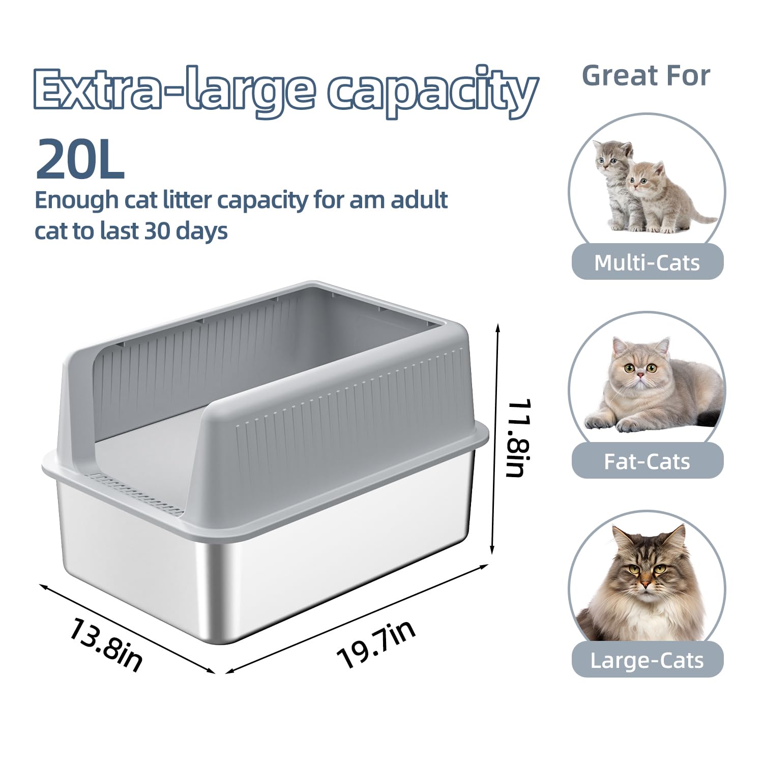 Stainless Steel Cat Litter Box With Lid,Xl,19.7    L X 13.8    W X 11.8   H Deep,Large Metal Litter Box With High Side,For Small