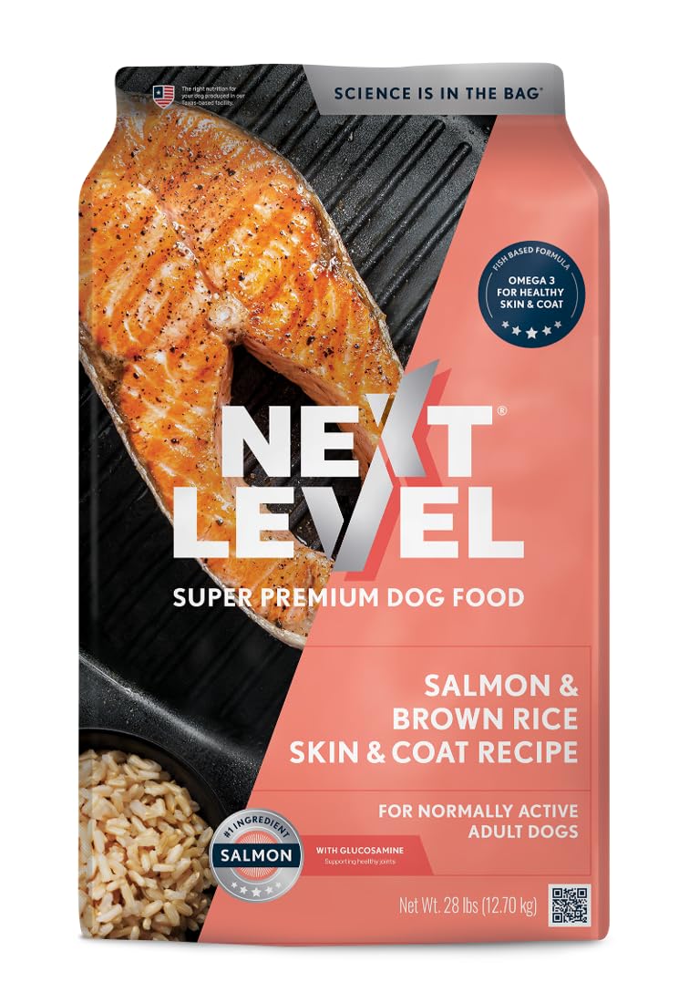 Next Level Super Premium Dog Food - Salmon & Brown Rice Skin & Coat Recipe, Dry Kibble for Normally Active Adult Dogs, 24% Prote