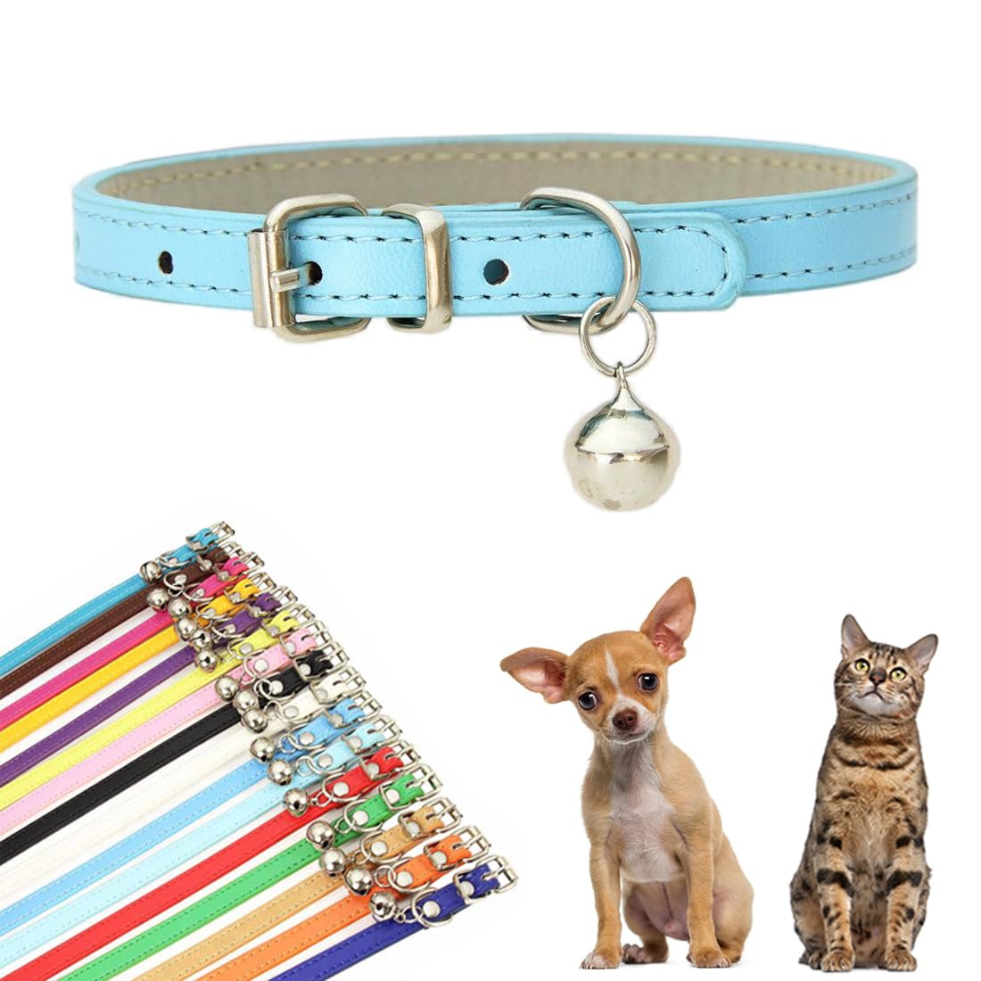 Light Blue XXS Dog Collar with Bell, Faux Leather Kitten Collar with Bells Pu Basic Boy Dog Collars for XXS XSmall Small Medium 