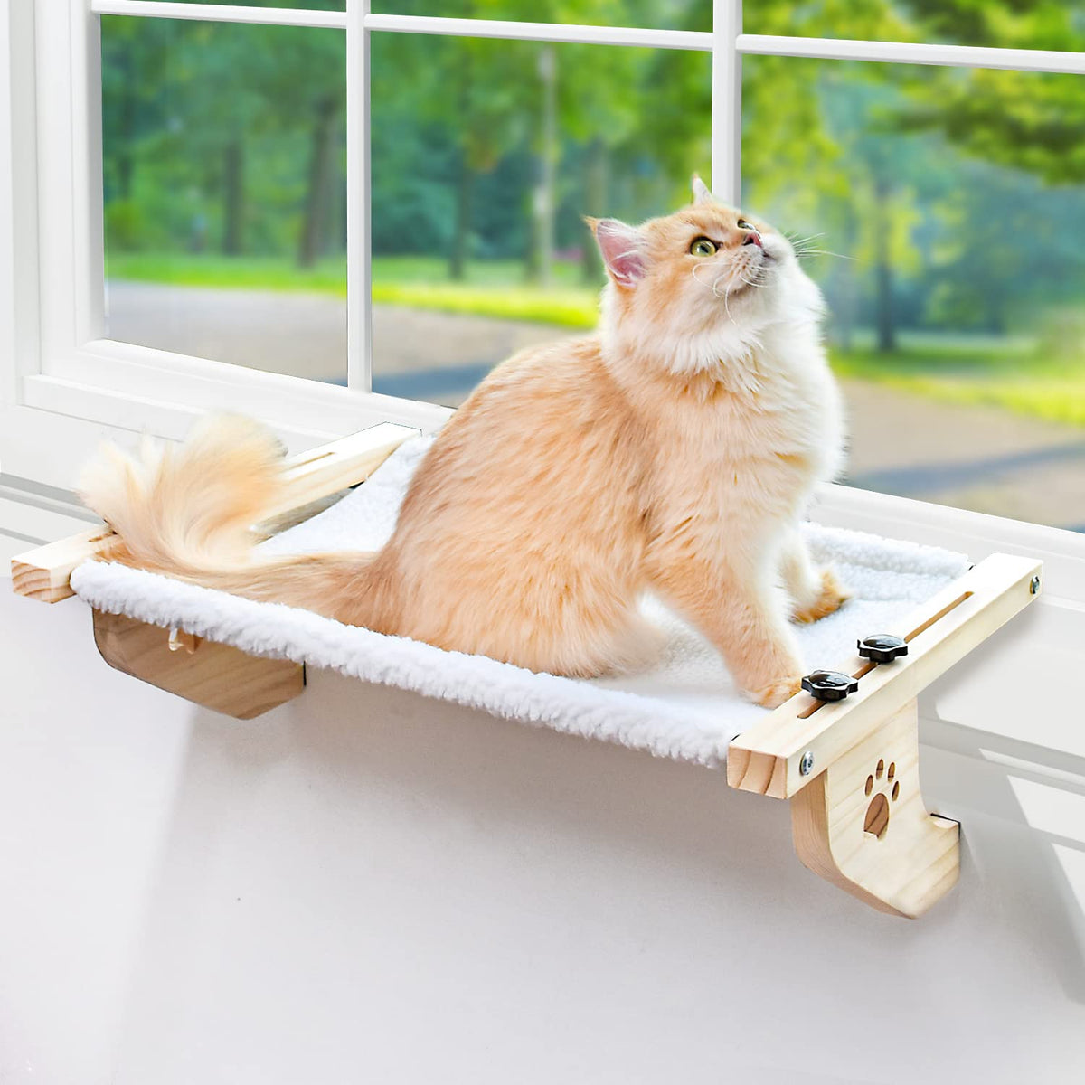 Amosijoy Cat Sill Window Perch Sturdy Cat Hammock Window Seat With Wood & Metal Frame For Large Cats, Easy To Adjust Cat Bed For Windowsill, Bedside, Drawer And Cabinet (24.4''-White Plush)