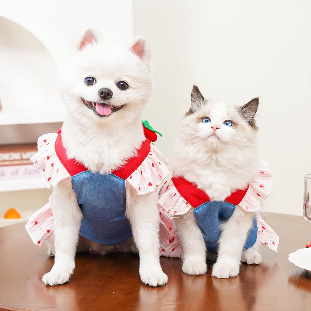 Aniac Denim Dog Dress Harness With Leash Set Cute Small Dogs Clothes Girl Heart Patterns Puppy Dresses Breathable Mesh Cat Harne