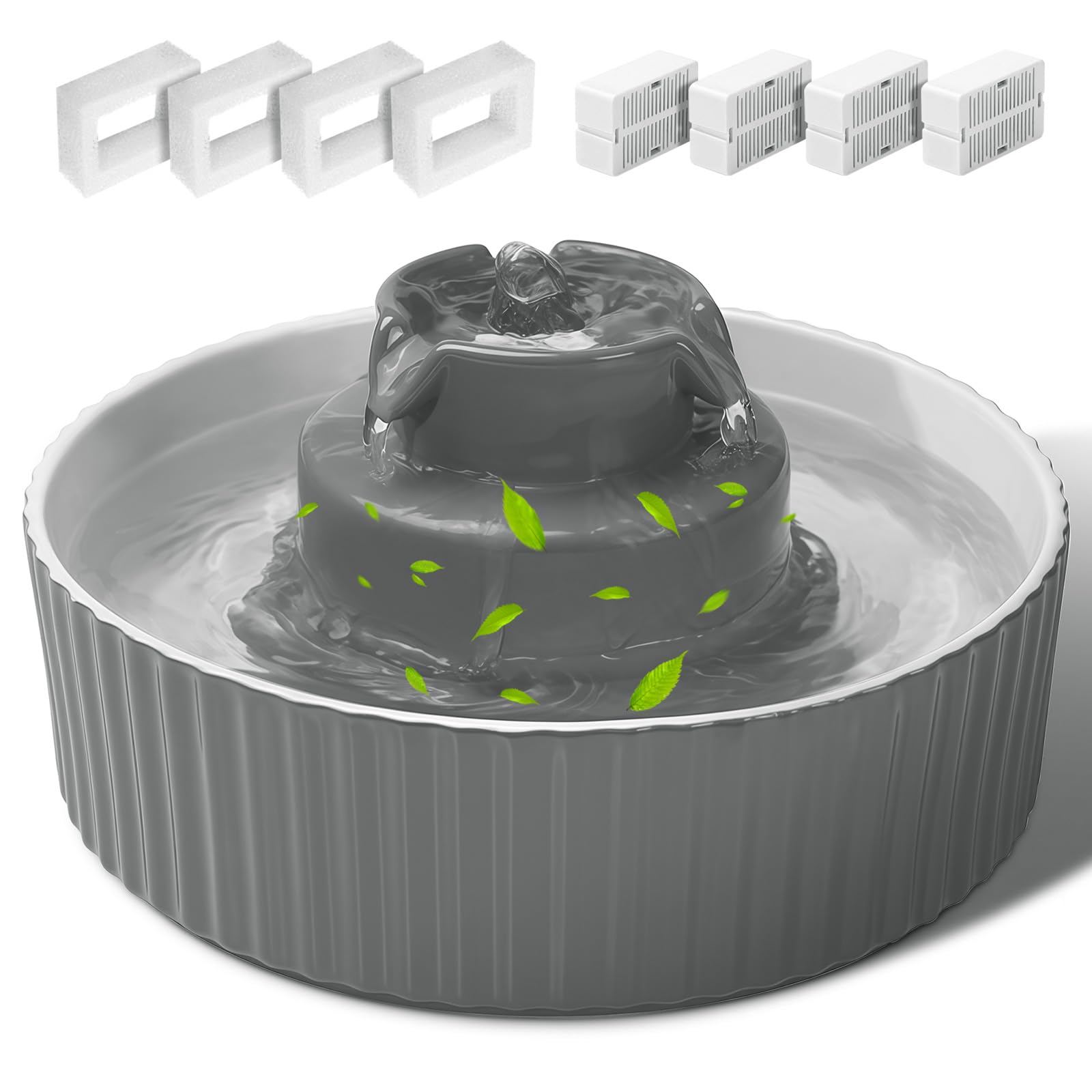 Ceramic Cat Water Fountain, 2.1L/70oz Porcelain Pet Drinking Dispenser with 4 Set Replacement Filter & Sponge, Automatic Dog Wat