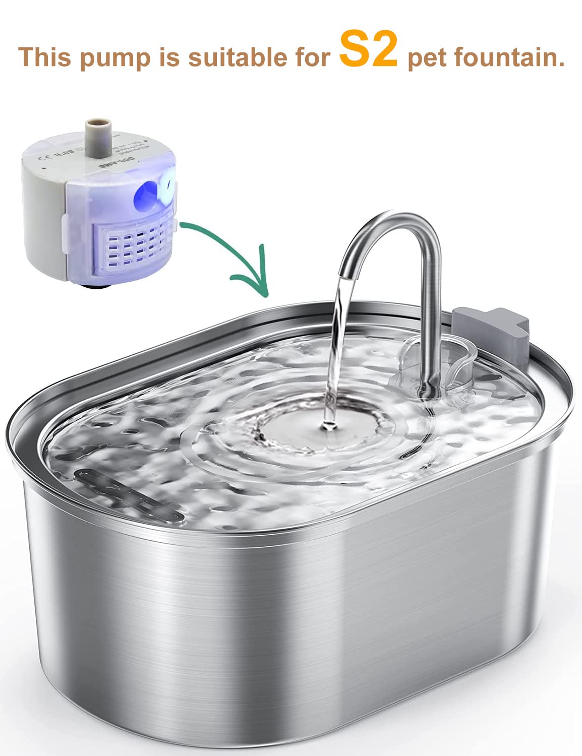 Water Pump For Cat Water Fountain, Soofpet Water Pump Forcat Fountain, Extremely Quiet (=30Db), Low Power Consumption (1.5W), Built-In Led Light, Ip68 Waterproof, Suitable For S2