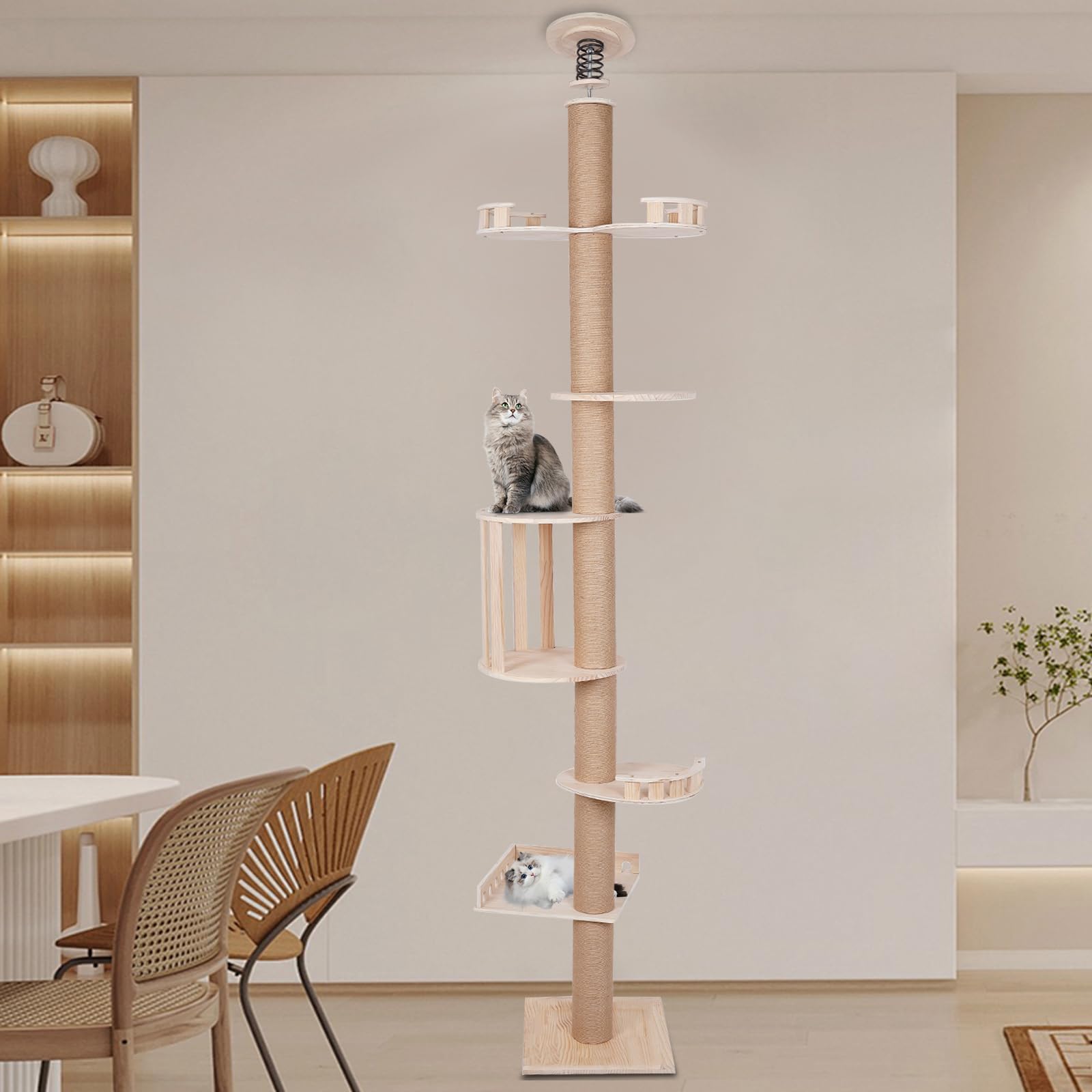 100.4-104.3Inch Cat Furniture, Tall Wood Cat Tower Tree, Modern Cat Tree Cat Furniture, Wood Color Cat Tree Branch For Large Cat