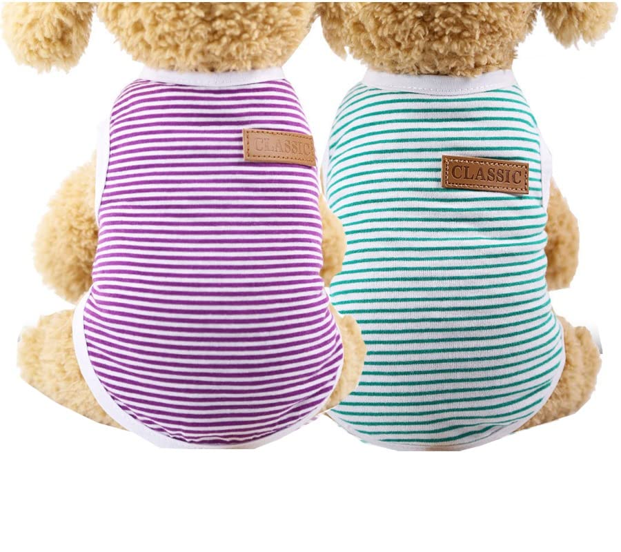 Kutkut Set Of 2 Striped T-Shirt Puppy Clothes For Small Dogs Cats, Summer Cotton Vest Doggy Tank Top For Shihtzu, Lhasa, Bichon,