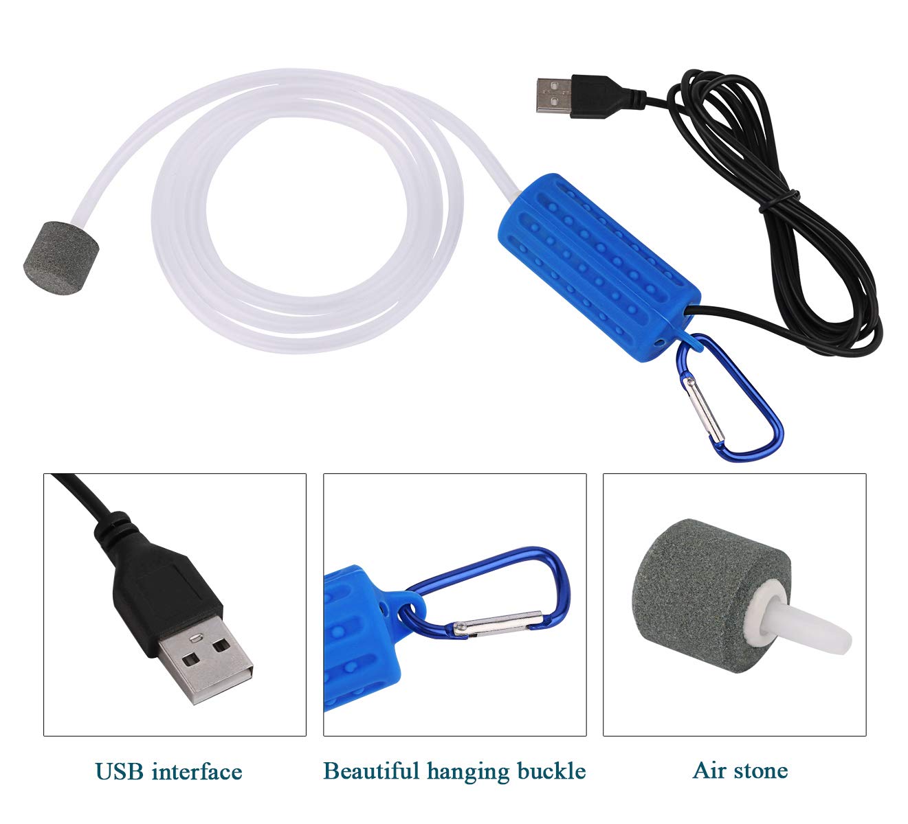 Useekoo USB Aquarium Air Pump - Ultra Durable, Quiet, Small Air Bubbler with Air Stone & Silicone Tube - Dark Blue