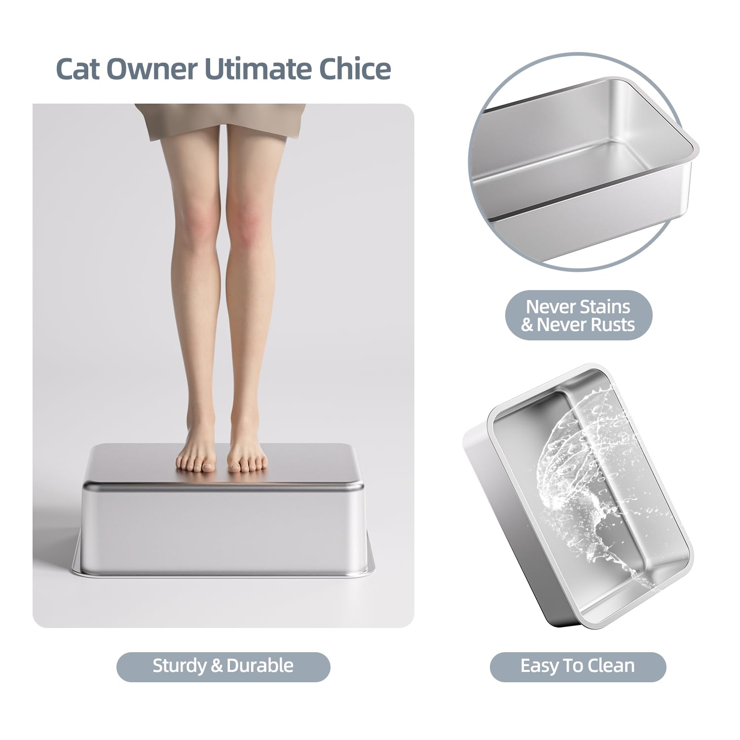 Stainless Steel Cat Litter Box With Lid,Xl,19.7    L X 13.8    W X 11.8   H Deep,Large Metal Litter Box With High Side,For Small