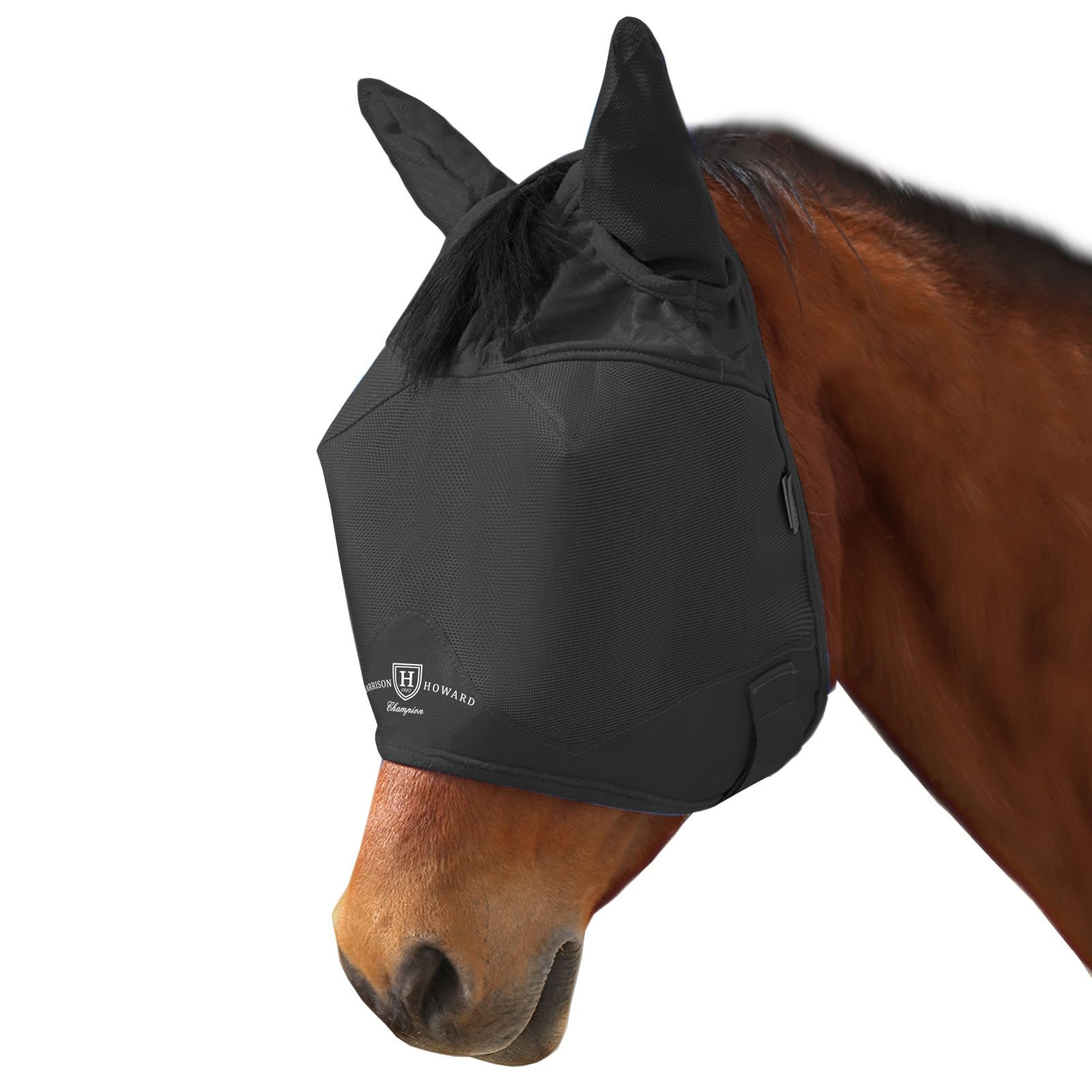 Harrison Howard UV-proof Multi-Function Fabrics Thick Fleece Padding Horse Fly Mask Half Face with Ears Black Warmblood Extra La