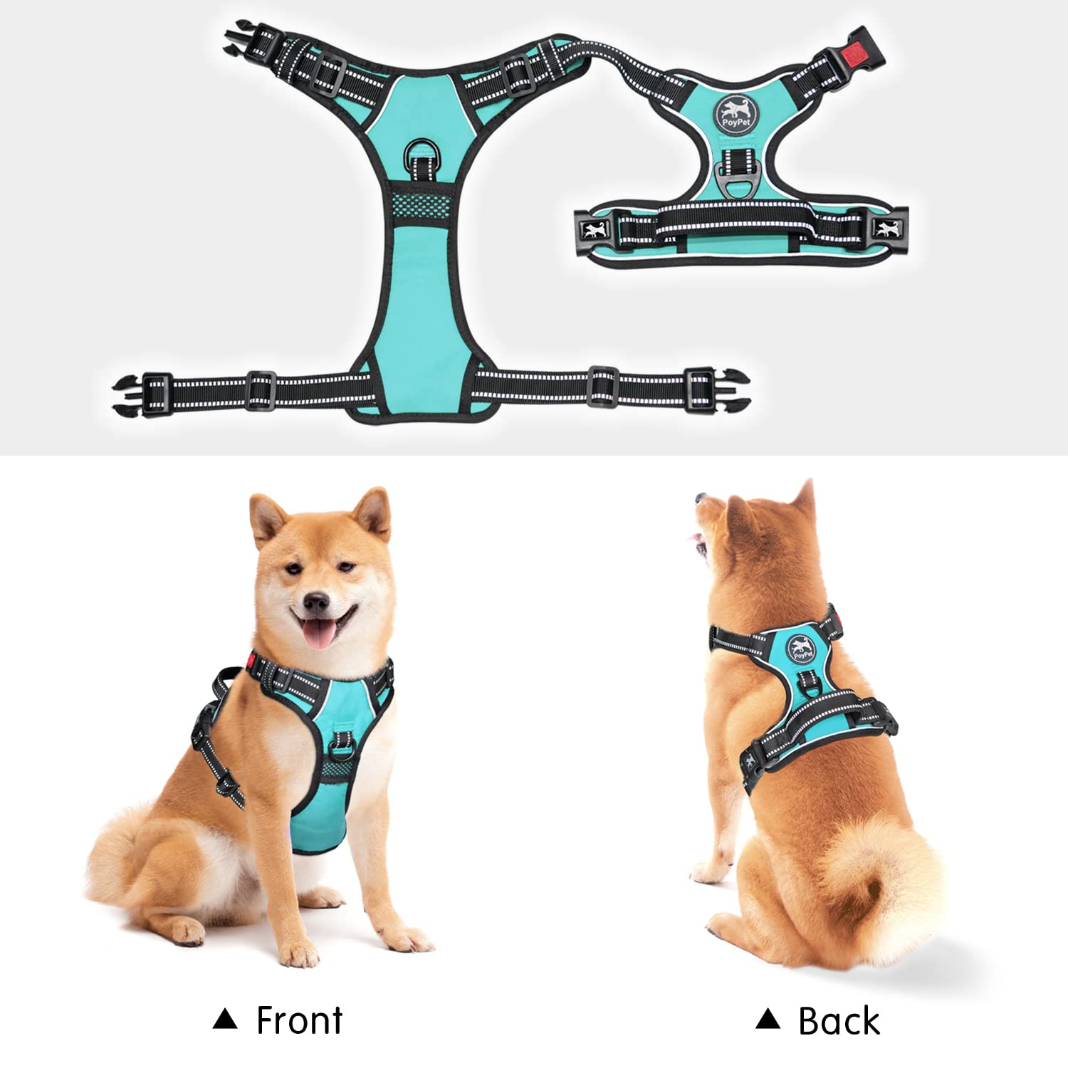 Poypet No Pull Dog Harness, No Choke Front Clip Dog Reflective Harness, Adjustable Soft Padded Pet Vest With Easy Control Handle For Small To Large Dogs(Mint Blue,M)