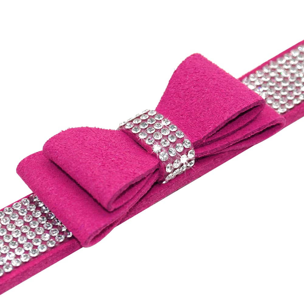 Beirui Rhinestone Bling Leather Dog Collar And Leash Set - Soft Flocking Sparkly Crystal Diamonds Studded - Cute Double Bowknot Collar With 4 Foot Leash For Pet Show,Hot Pink,Neck Fit 10-12.5'