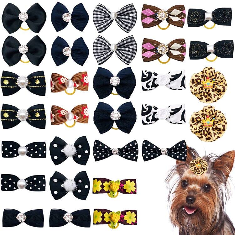 Jpgdn 30Pcs/15Pairs Black Dog Hair Bows With Rubber Bands Puppy Hair Bowknot Top Knot Elastic For Girl Female Doggy Cat Rabbit Poodle Pet Animal Grooming Accessories Attachment