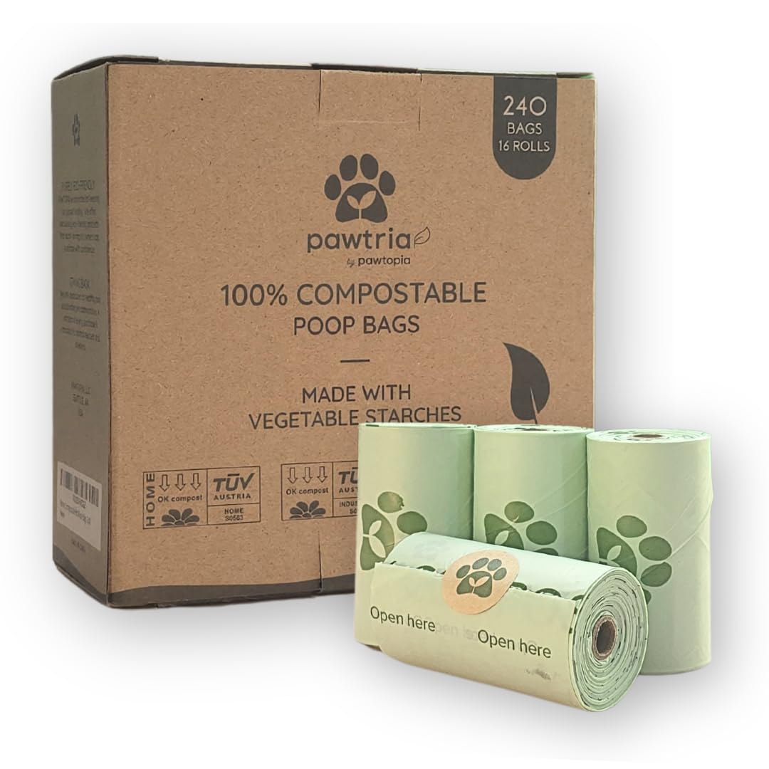 Pawtria Certified Home Compostable Dog Poop Bags (240 Bags), Biodegradable Poop Bags, Cat Litter, Vegetable Starches, Eco-Friend