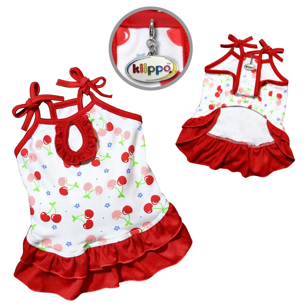 Klippo Cherries Sundress/Picnic Dress Made with Soft Knit Cotton; Adjustable Shoulder Straps for Small Dog/Puppy - XS