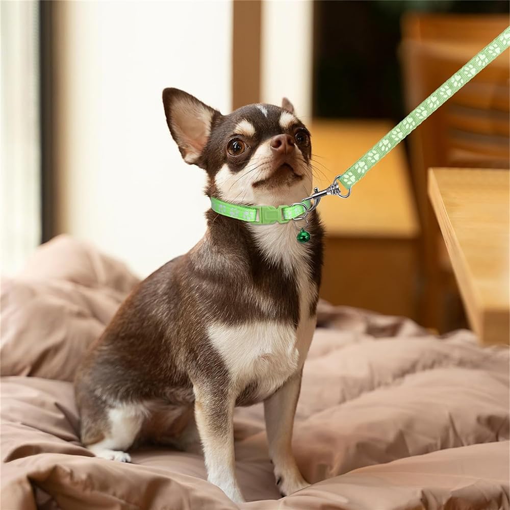 Kitten Collar And Leash Set With Bell,Bright Green Nylon Paw Girl Female Cute Fancy Puppy Collar,Neck 7-12 Inch