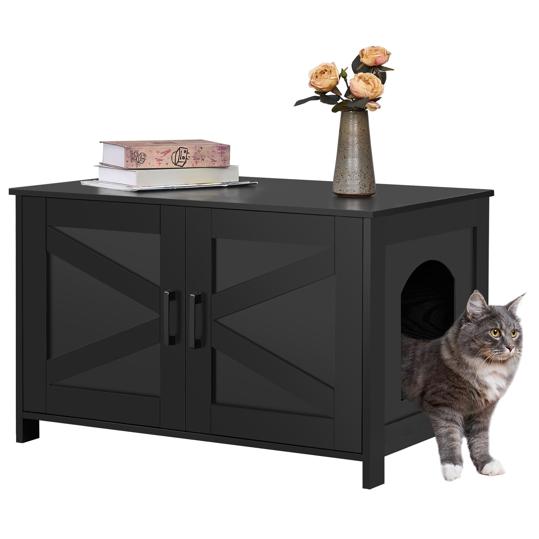 Homhedy Cat Litter Box Enclosure,Litter Box Furniture Hidden With Barn Door,Wooden Cat Washroom Furniture,Fit Most Of Litter Box