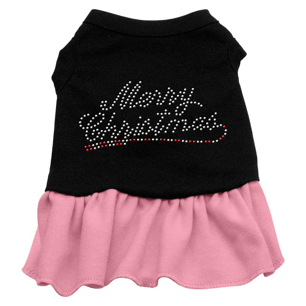 Christmas Pet Dog & Cat Dress Rhinestone, Merry Christmas Black W/Light Pink SM (3-6 lbs.)